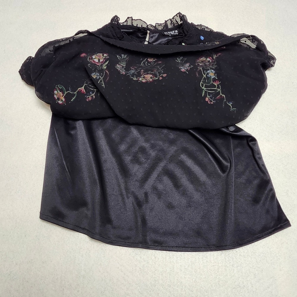 Floral Embroidered Boho Sheer Blouse Womens L Black Cottagecore Swiss Dot - Picture 4 of 7